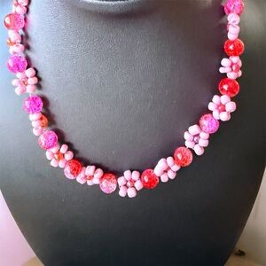 Handmade Pink Beaded Floral Accent Necklace -